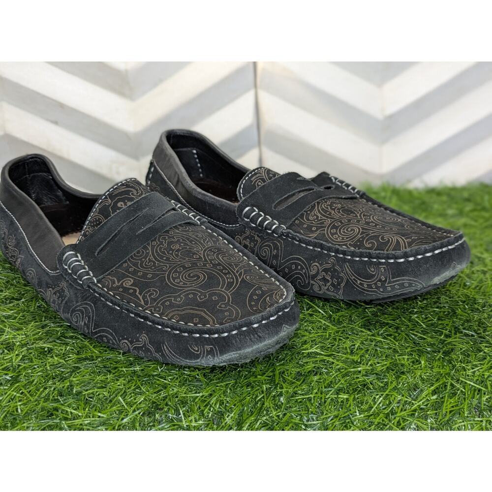 Robert Graham Soprano Men 9.5 Black Tan Wh Paisley Leather Stitch Driver Loafer